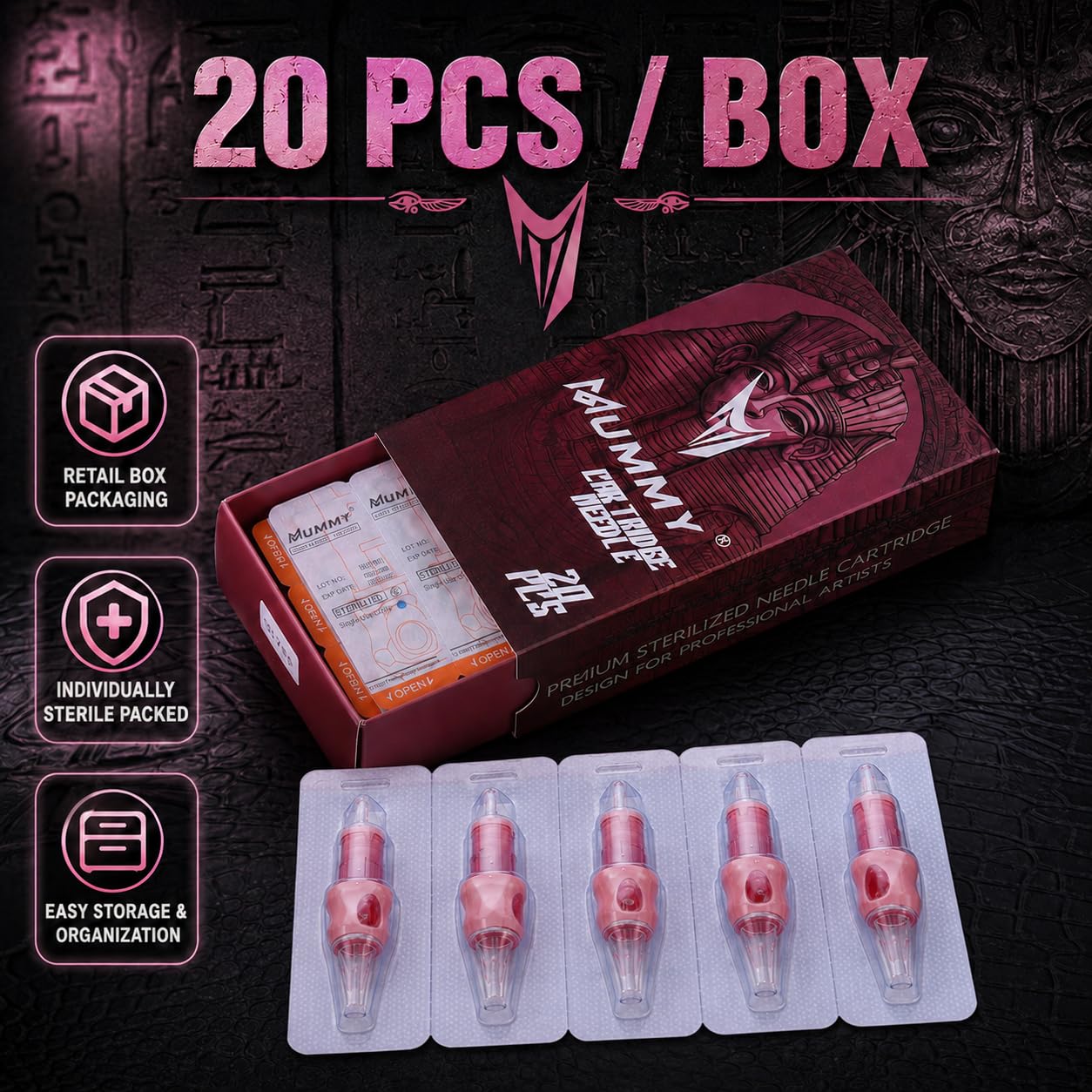 Mummy PN-1007RS Tattoo-Patronen-Nadeln, sortiert, Einweg-Rundschattierer, L-Taper, 20 Stück