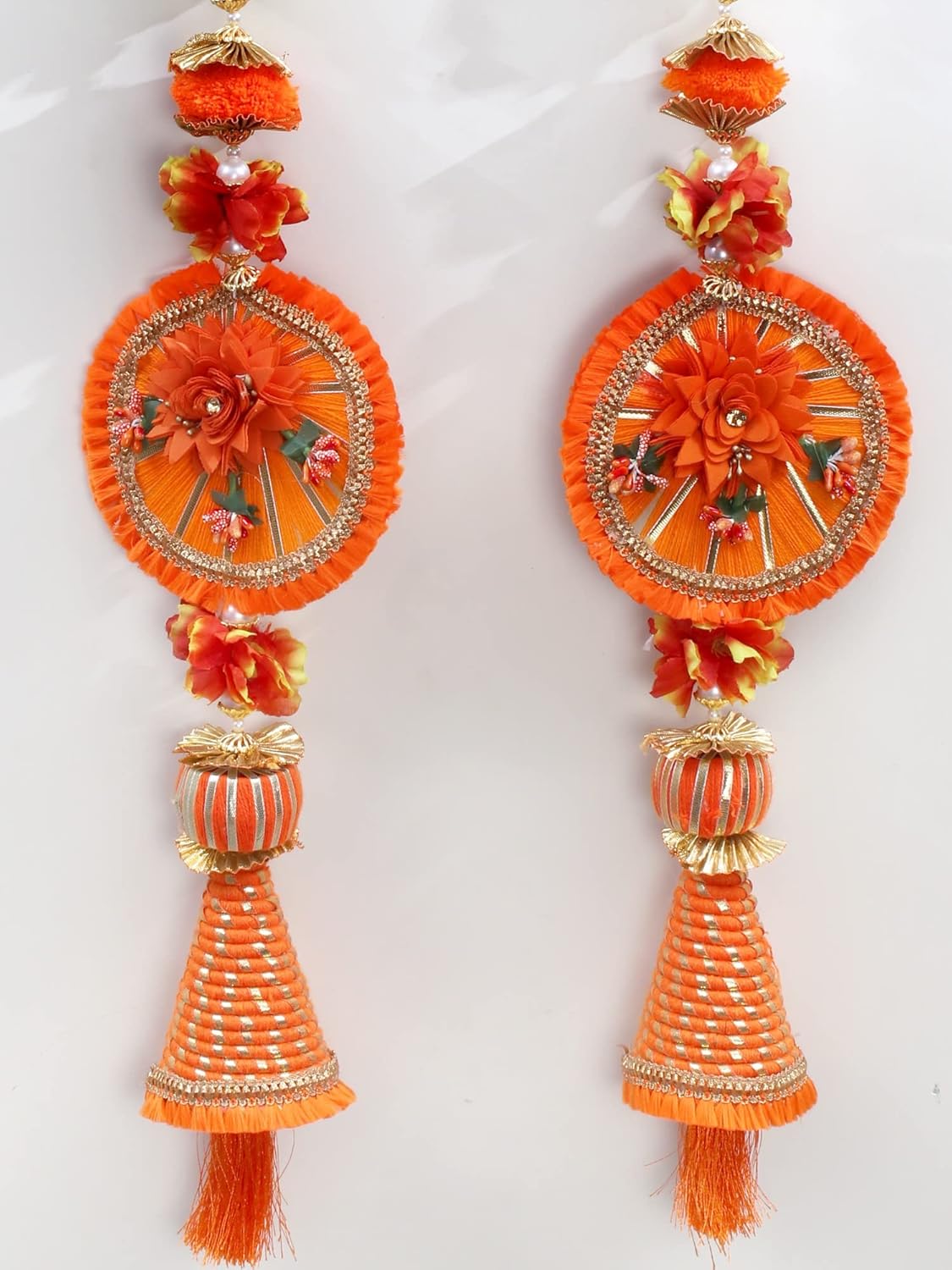 Exotic India Saffron Floral Door Decor Toran With Tassels And Beads Set Of 2 - Jute