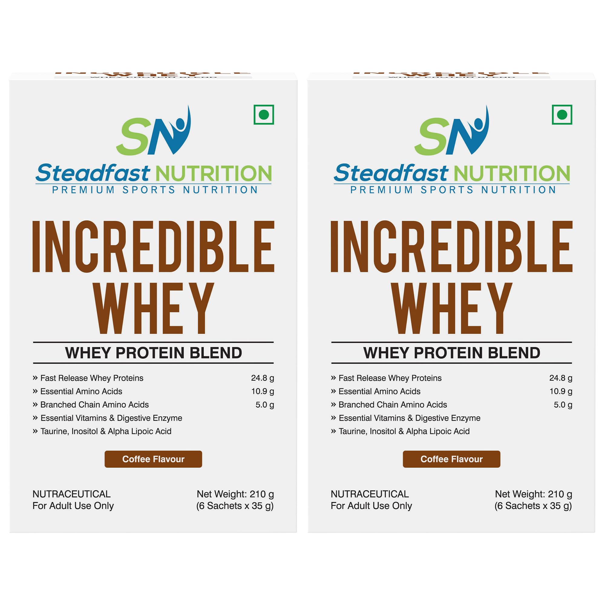 [BRSRAAIZBF4BQDL6] Steadfast Nutrition Incredible Whey Protein Blend Essential Amino Acids Protein Powder (Pack of 2, Coffee 12 Sachets, 420g)
