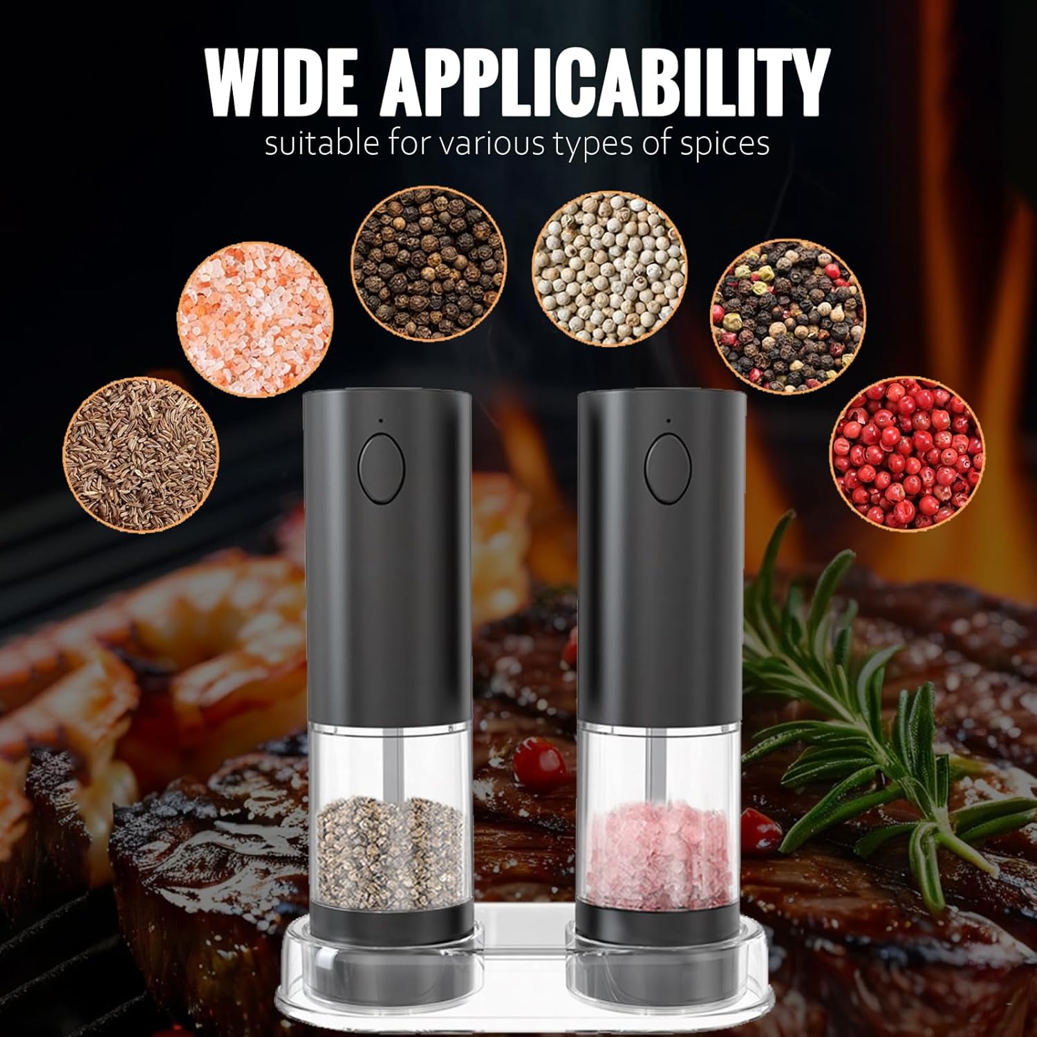 Electric Salt and Pepper Grinder Set, Rechargeable Automatic Salt and Pepper Grinder Set, One Hand Operation with LED Light, Adjustable Coarseness, Refillable, 95ml, Black (2 Pack)