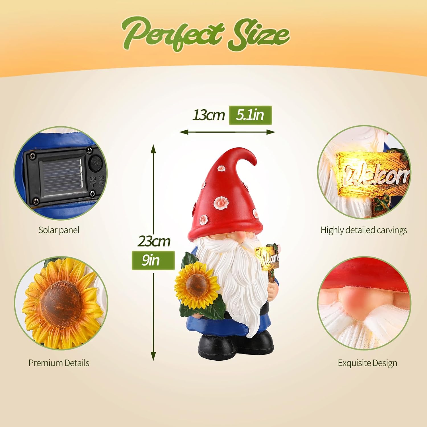 9.1" Lighted Sunflower Garden Gnome with Welcome Sign, Resin Gnome Statue, Perfect for Porch, Garden, Entryway, Gnome Figurine for Family, Friends, Housewarming Gift