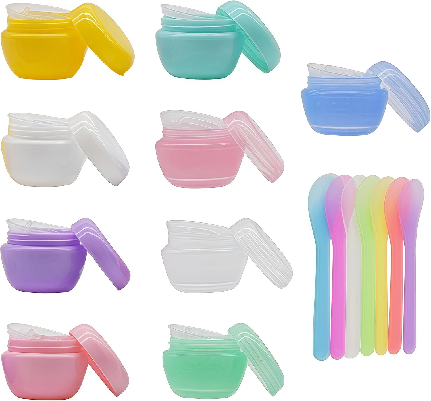 9 Pcs 30g Colorful Sample Jar with Screw Lids Travel Containers Jars Circular Sample Container with 7 Pcs Small Cosmetic Shovel for Makeup Beauty Products Face Creams DIY Making(M/FZG30)