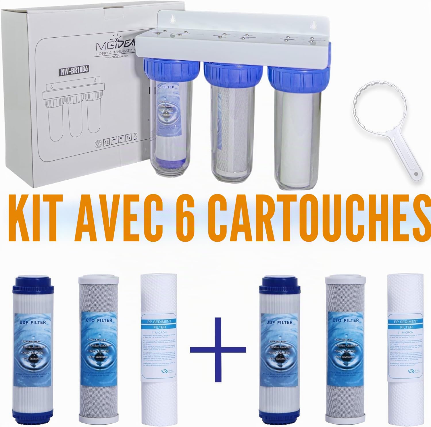 filtre à eau système trois étages six cartouches NW-BR10B4 filtration sédiments et charbons actifs 1" 1/2" 3/4" (1" (32,89mm))