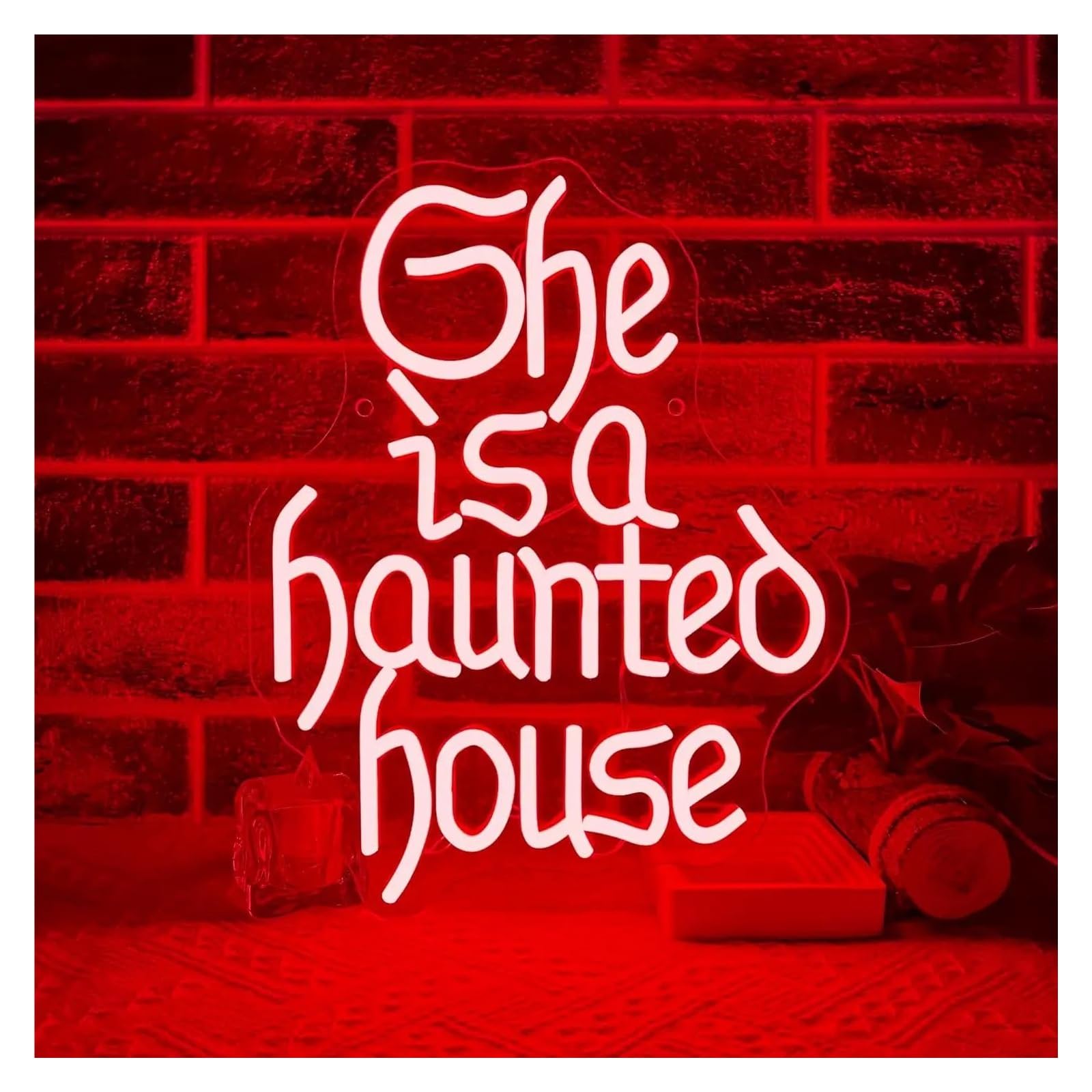LEMST Sign Lamp She is A Haunted House Neon Sign LED Light Dimmable USB Powered for Spooky Gothic House Game Room Decortion 39cmx31cm/15.35inx12.2in