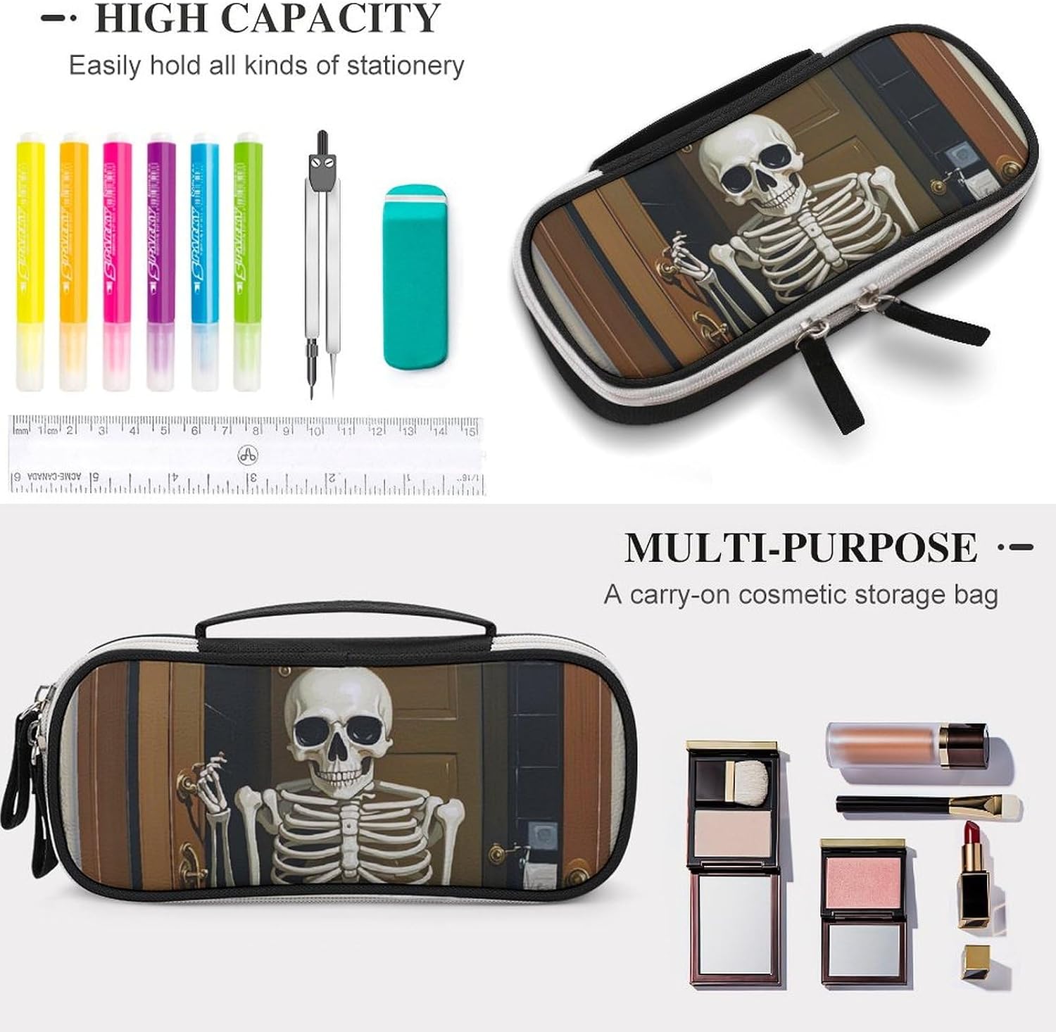 Funny Skeleton Bathroom Canvas Leather Makeup Bag Portable Small Cosmetic Organizer Waterproof Toiletry Bags Brushes Pencils And Travel Make Up Accessories image 3