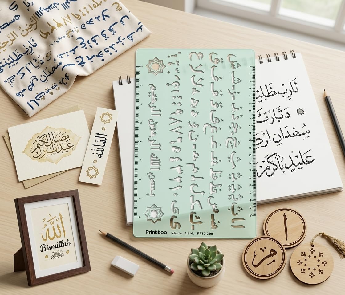 PRINTTOO Islamic Arabic Alphabet Number Lettering Template Stencil Ruler for Calligraphy Drawing Craft Design Arabic Script Writing Guide Drafting Tool for Students, Artists,Teachers, School Office