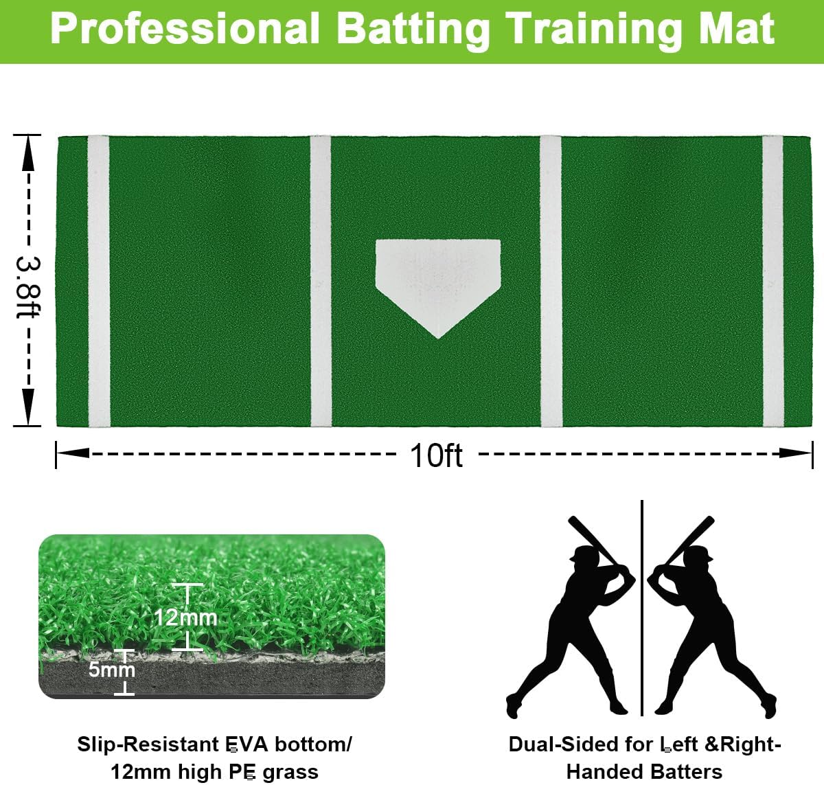 Baseball Hitting Mat 10' X 3.8' Softball Hitting Mat, Anti-Slip Anti-Fade Pitching Mat, Batting Cage Mat Portable Practice Mat with Carry Strap