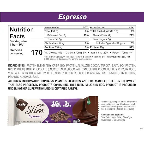 NuGo Slim Dark Chocolate Espresso, 16g Vegan Protein, 3g Sugar, 7g Fiber, Low Net Carb, Keto Friendly, Gluten Free, 12 Count 2