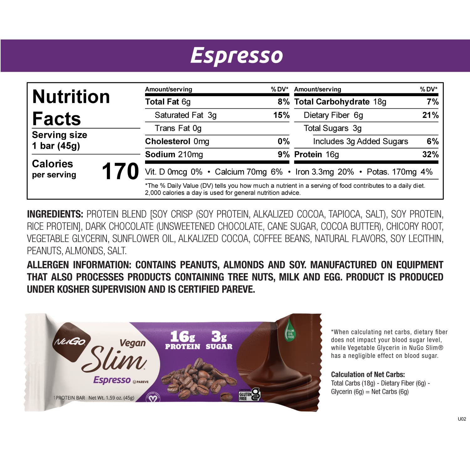 Nugo Slim Dark Chocolate Espresso, 16g Vegan Protein, 3g Sugar, 7g Fiber, Low Net Carb, Keto Friendly, Gluten Free, 24 Count