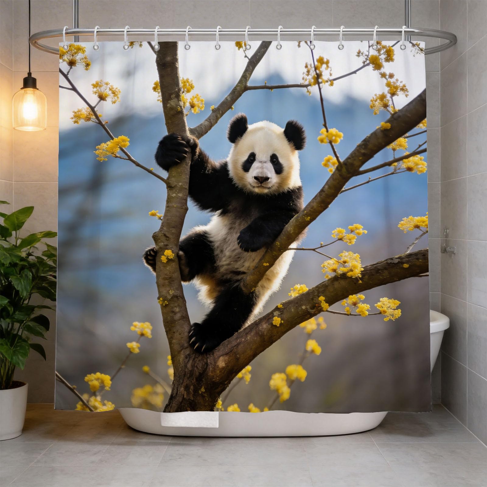 Hongduo 3D Panda Bear Shower Curtain for Stalls Bathtubs Branches Bathroom Decor Shower Curtain Set Polyester Fabric Waterproof 200x200cm/79X79 Inch with Hooks
