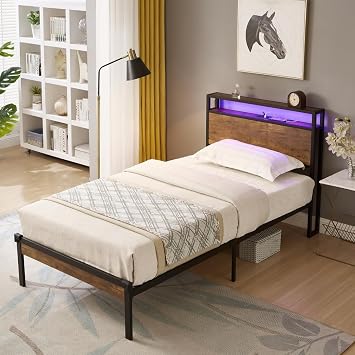 JINS&VICO Twin Size Metal Platform Bed, Wooden Headboard Metal Bed Frame with LED Lights, USB Liner, Modern Platform Bed Frame for Bedrooms, Easy Assembly, No Box Spring Needed, Black + Brown