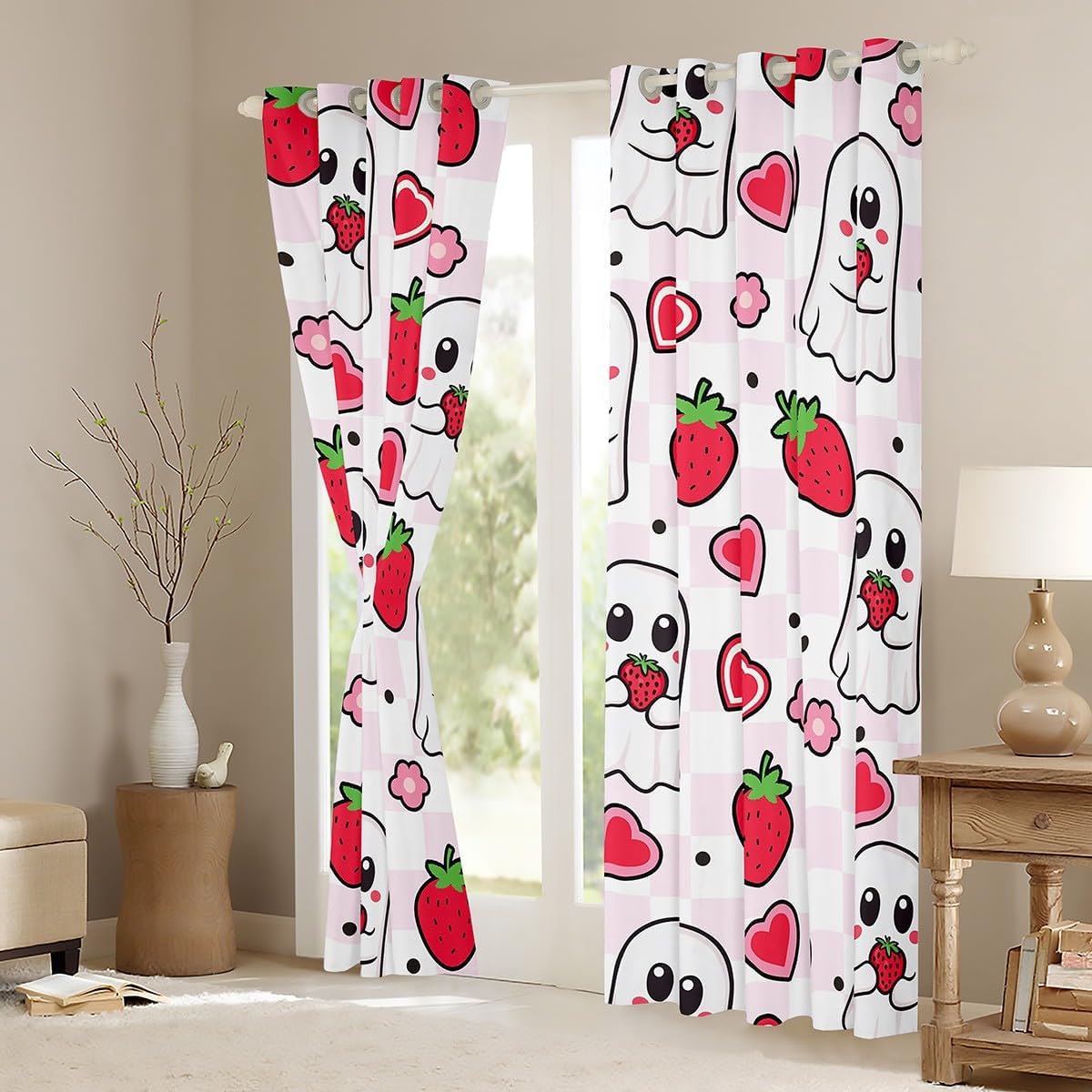 Cute Ghost Blackout Curtain Red Strawberry Heart Flower Window Drapes for Kids Girls Adults, Halloween Pink White Plaid Window Treatments, Grommet Top 2 Panel Set Bedroom Curtains, 42Wx84L inch