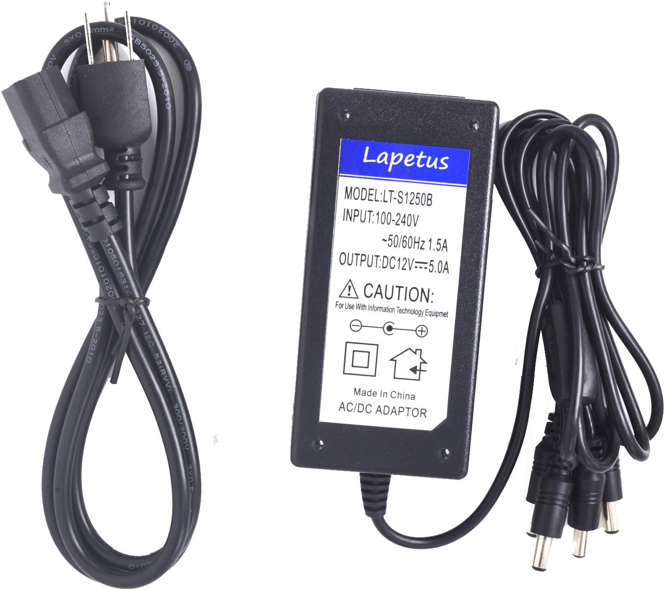 Lapetus 100V - 240V to DC 12V 5A Switching Power Supply Adapter 1 to 4 Power Splitter for Security Cameras and LED Strip Light