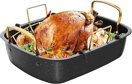 Sartén para asar, 17 x 13 pulgadas con estante extraíble, sartén antiadherente para asar pavo, carne y verduras (dorado)