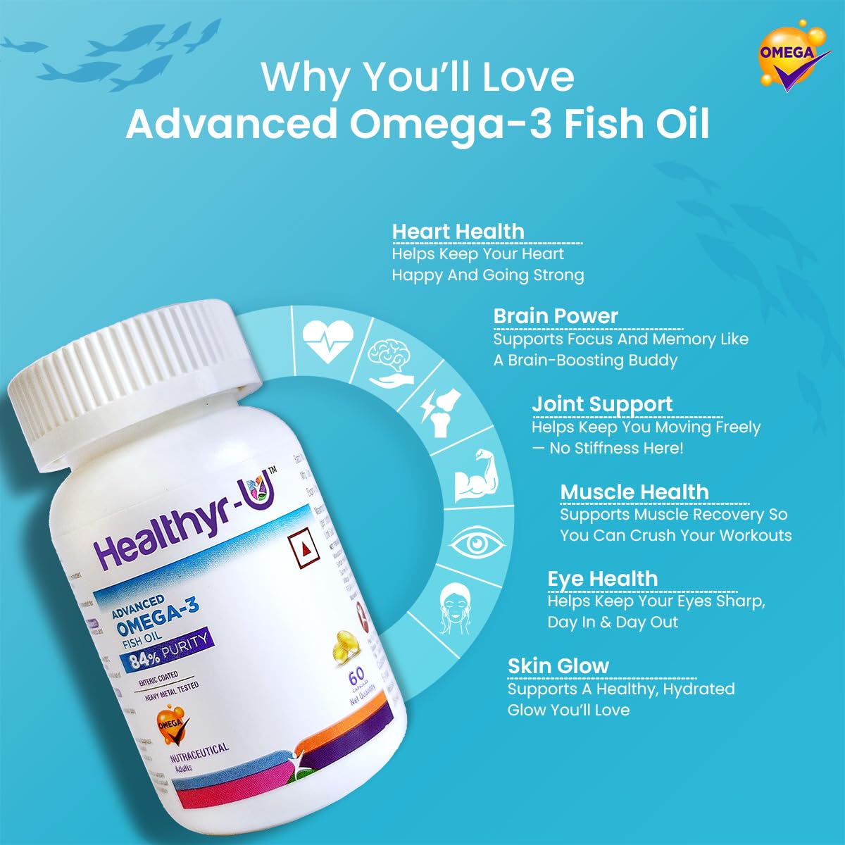 Healthar-U Advanced Omega 3 Fish Oil, 84% purity | 658 mg Omega -3 300 mg with EPA and 250 mg DHA. Small antirical coated high purity fish oil | Heavy metal test (1 (60 capsule) pack) Healthar-U Advanced Omega 3 Fish Oil, 84% purity | 658 mg Omega -3 300 mg with EPA and 250 mg DHA. Small antirical coated high purity fish oil | Heavy metal test (1 (60 capsule) pack)