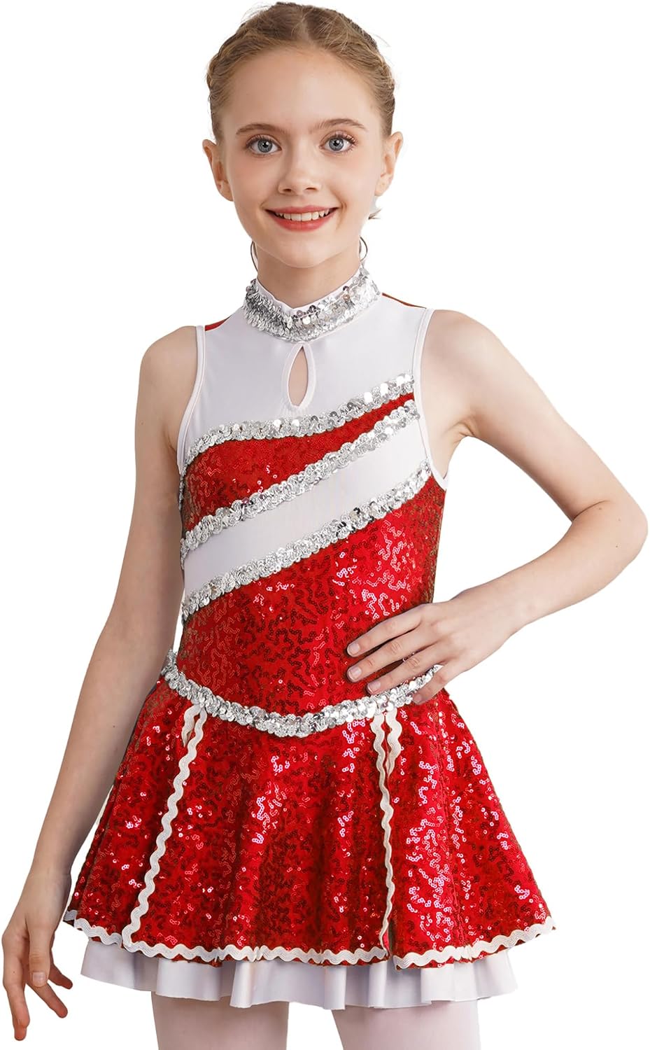 Hansber Kids Girls Cheerleading Dance Dress Sleeveless Sequins Sports Gymnastic Dress Cheer Uniform Halloween Costume