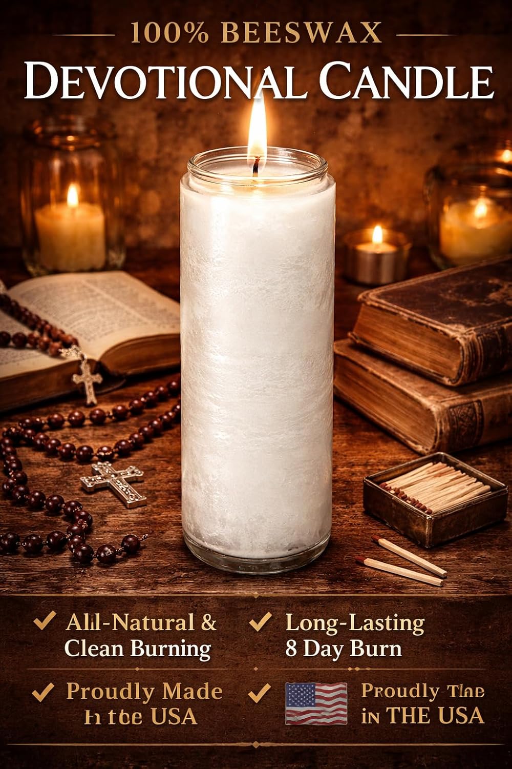 Premium 8 Day 100% Beeswax Devotional Candle Made in The USA