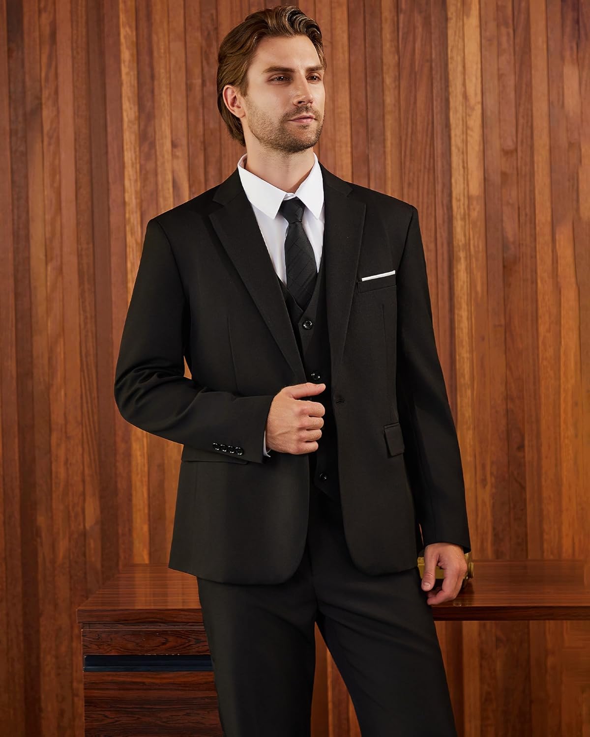 WULFUL Men's 3 Piece Slim Fit Suit Set One Button Blazer Jacket Pants Tuxedo Set - Image 7