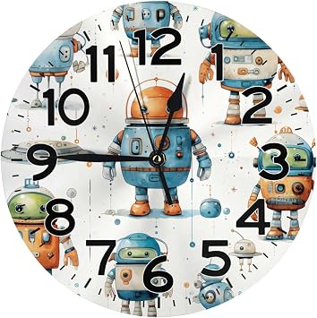 Watercolor Robot Character Set Wall Clock with Large Black Numbers and Markings Silent Non-Ticking Easy to Read Analog Clock for Living Room Bedroom Kitchen Office Decor