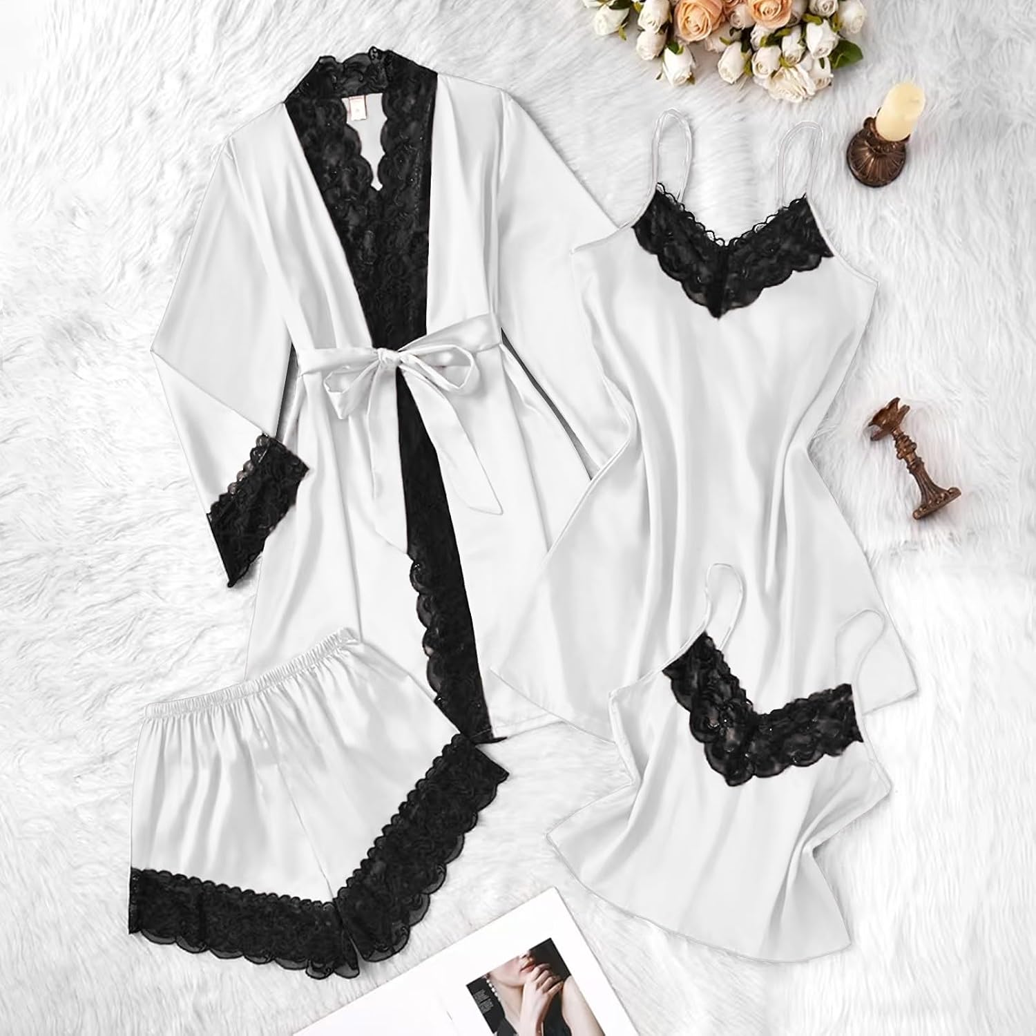 Women's Satin Pajama Set 4 Piece Robe Lingerie Sexy Lace Patchwork Sleepwear Camisole and Shorts Loose Lounge Sets