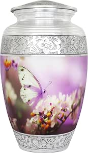 Violet Butterflies Cremation Urn - Large Adult Size (200 Cu In), Hand-Painted Aluminum, Holds Up To 200 Lbs