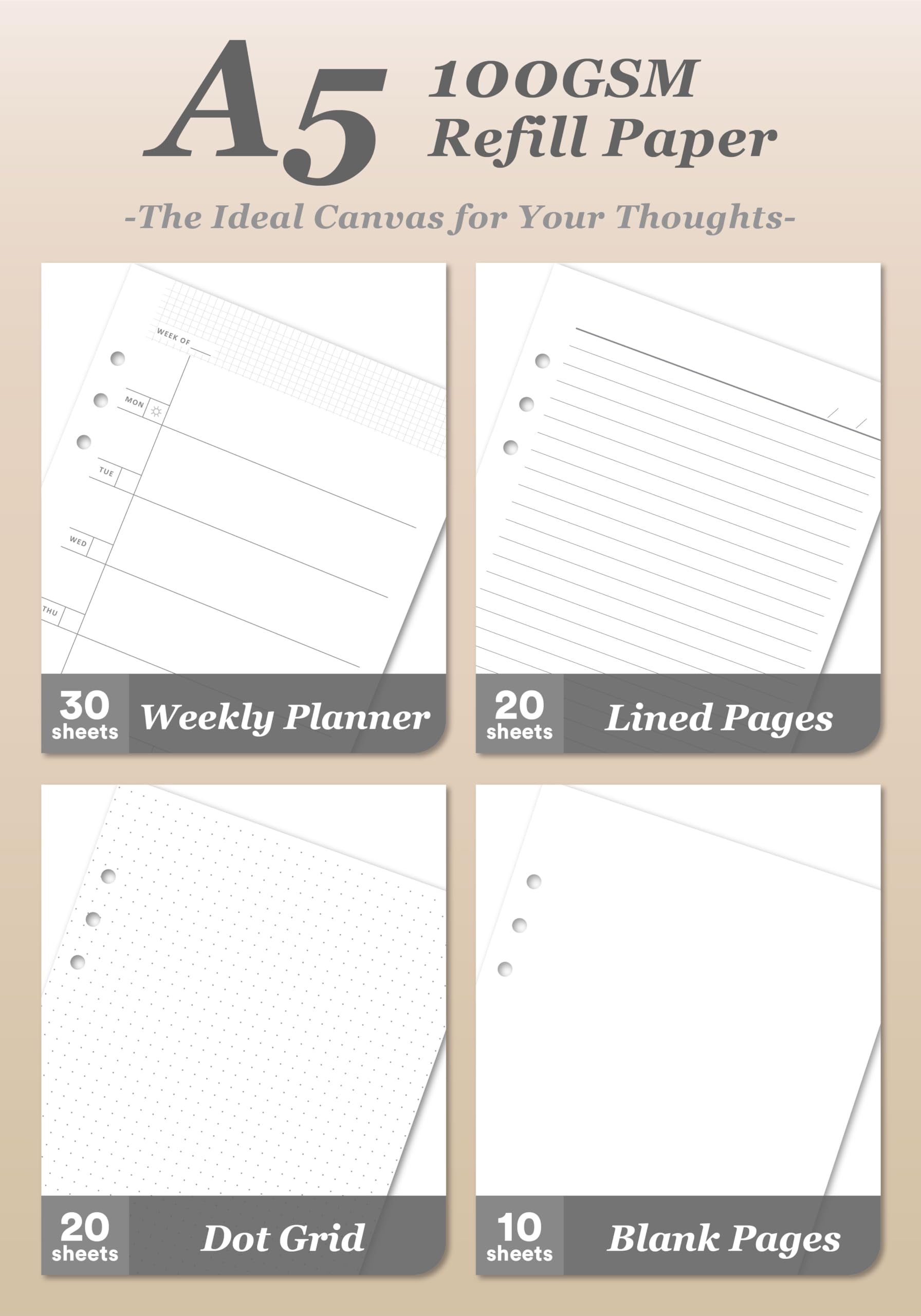 Luxury Journal - Agenda in pelle formato A5, con 80 fogli, 5 divisori, tasca rimovibile con cerniera, organizer ricaricabile senza data per lavoro, scuola, uso personale, marrone moka