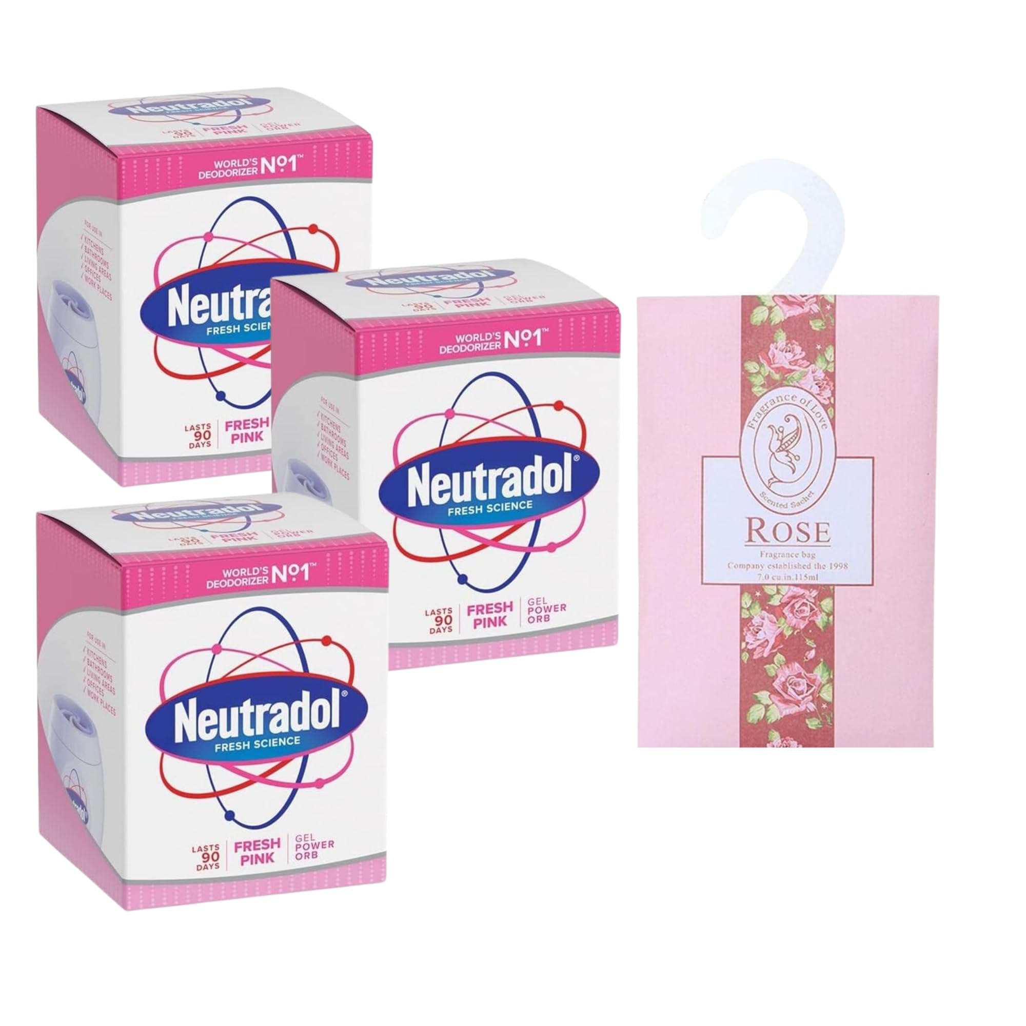 Neutradol Air Freshener Bundle - 3x Neutradol Gel Fresh Pink 135g & Rose Hanging Wardrobe Fresheners - Strong Air Freshener for Home, Bin Deodoriser & Wardrobe Fresheners