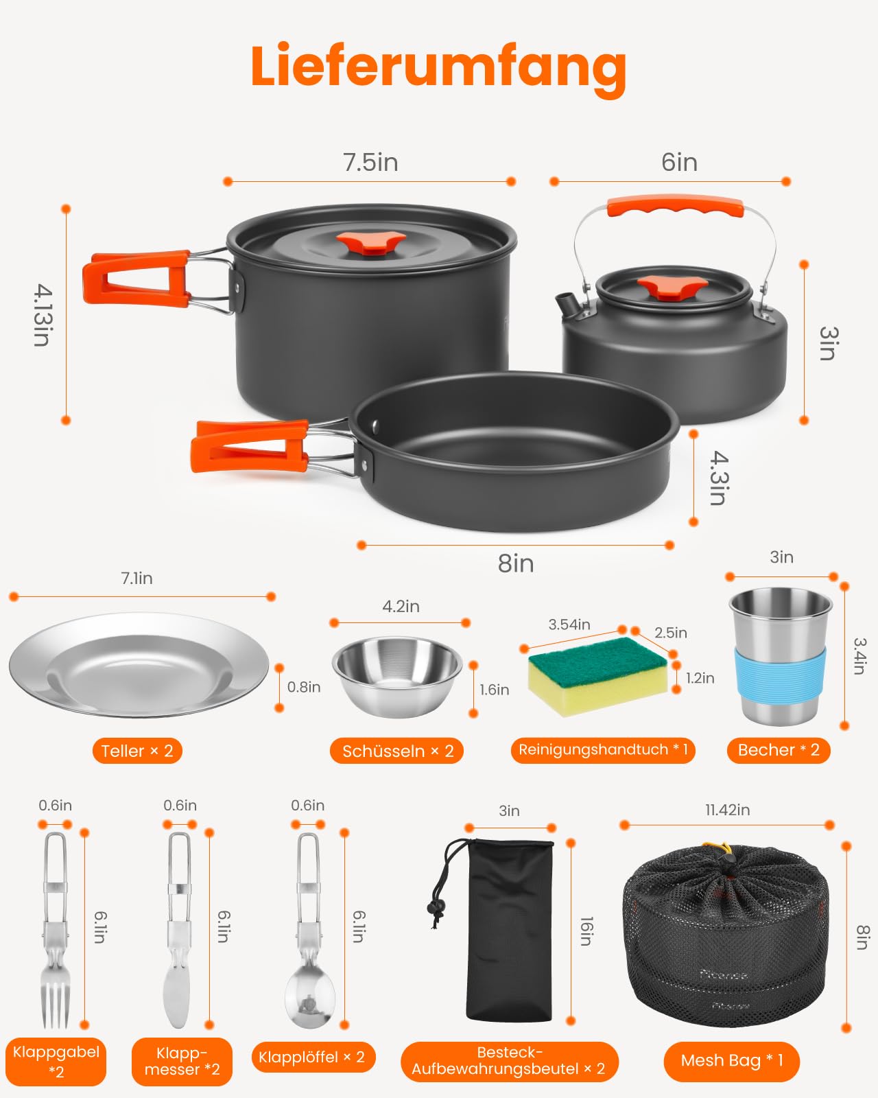 Fitense 21 teiliges Camping Kochgeschirr Set Outdoor Geschirr Set, Faltbare Camping Töpfe für 1–2 Personen, tragbares Camping-Zubehör für Rucksackreisen, Camping, Outdoor Kochen, Wandern und Picknick