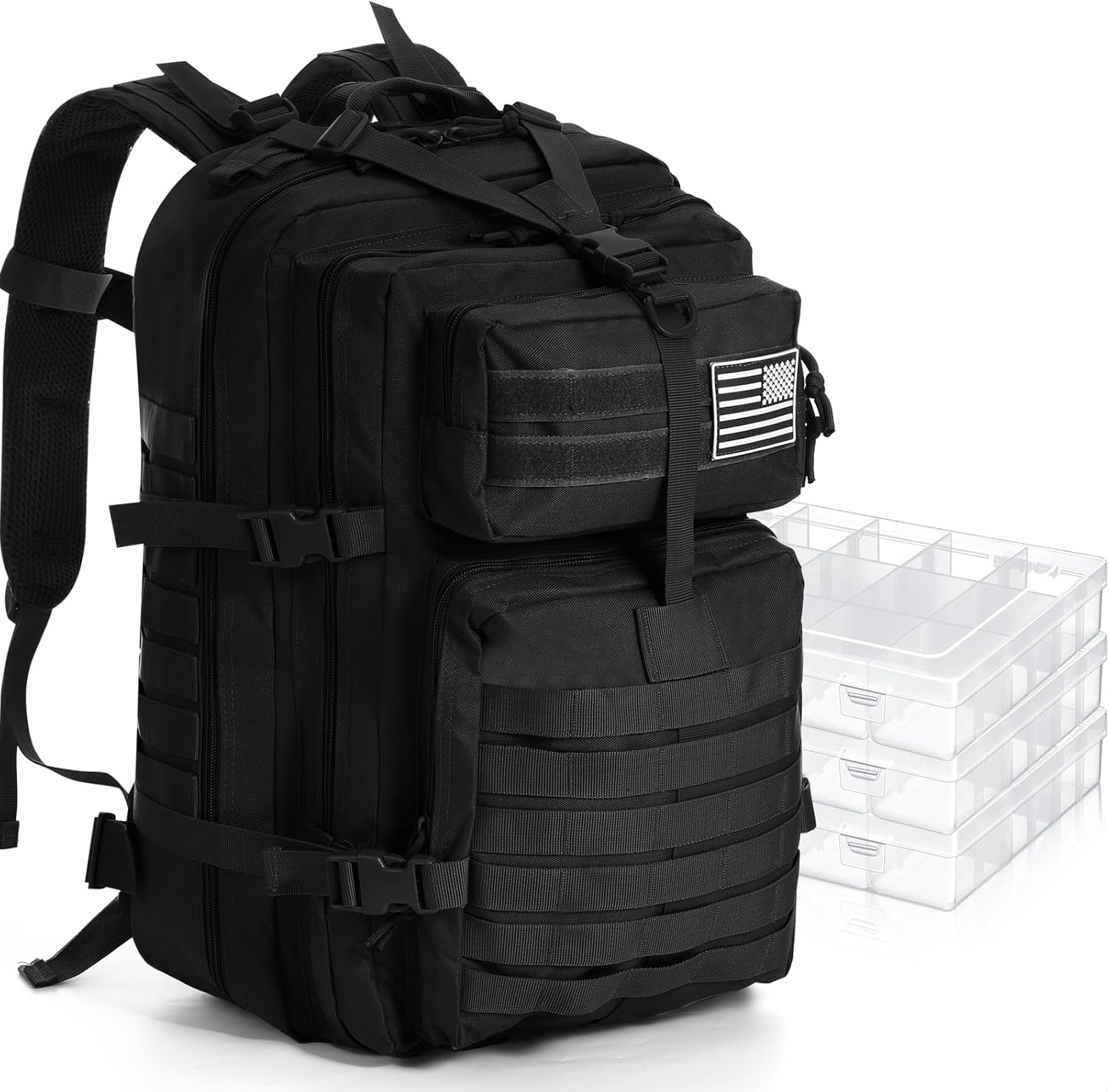 RoundFunny 1 Pcs Fishing Tackle Backpack with 3 Pcs Tackle Boxes 45L Fishing Backpack Outdoor Storage Gear and Equipment Bag(Black)