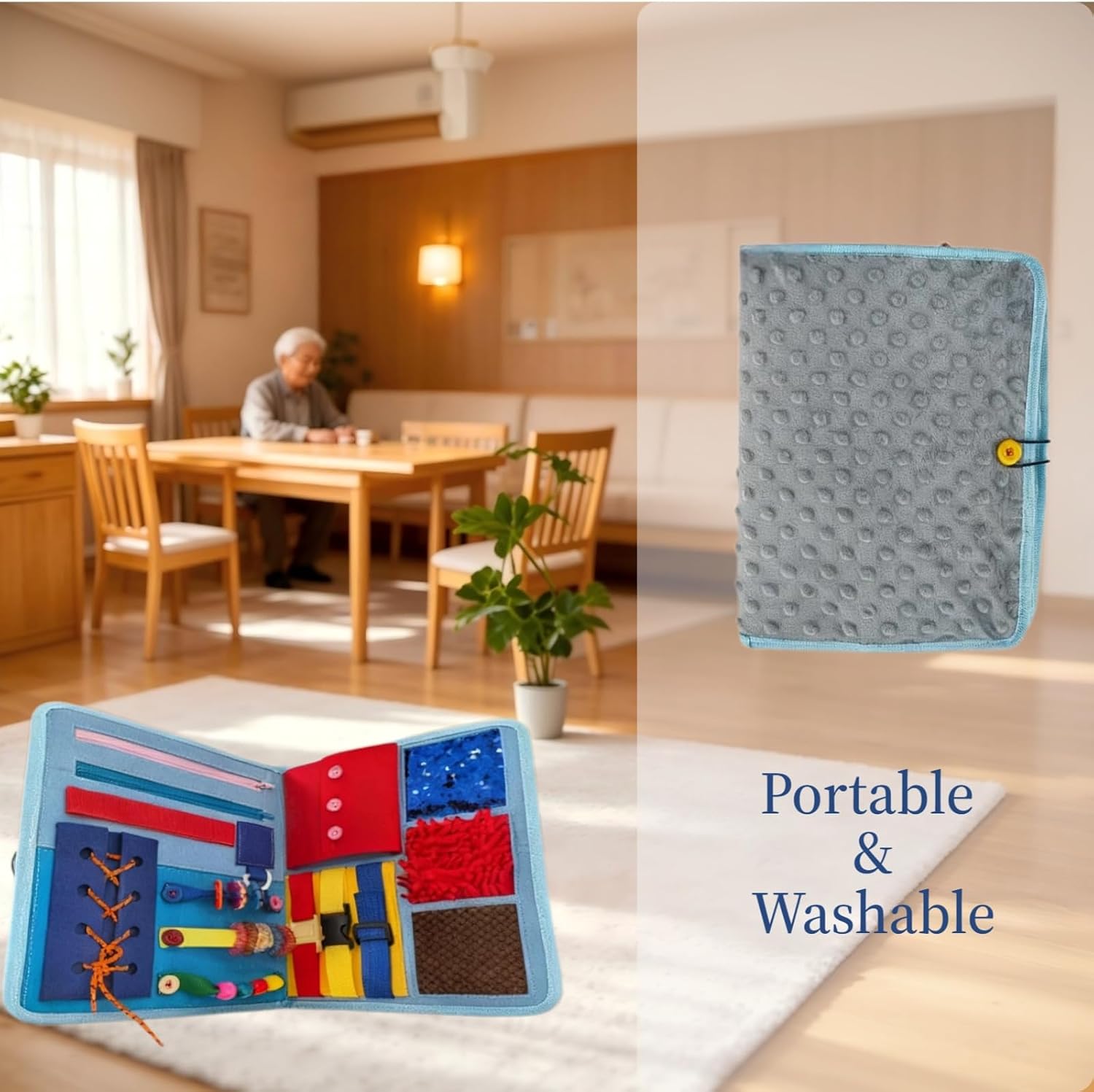 Fidget Blanket for Adults with Dementia Alzheimer's, 8-in-1 Sensory Motor Aids, Busy Blanket for Autism Anxiety, Calming Therapeutic Tool, Fine Motor Activity Mat, Washable Portable