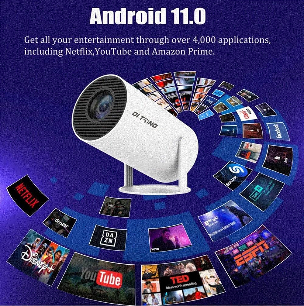 HY300 Plus projector with a visual representation of various app icons surrounding it, indicating Android 11 functionality.