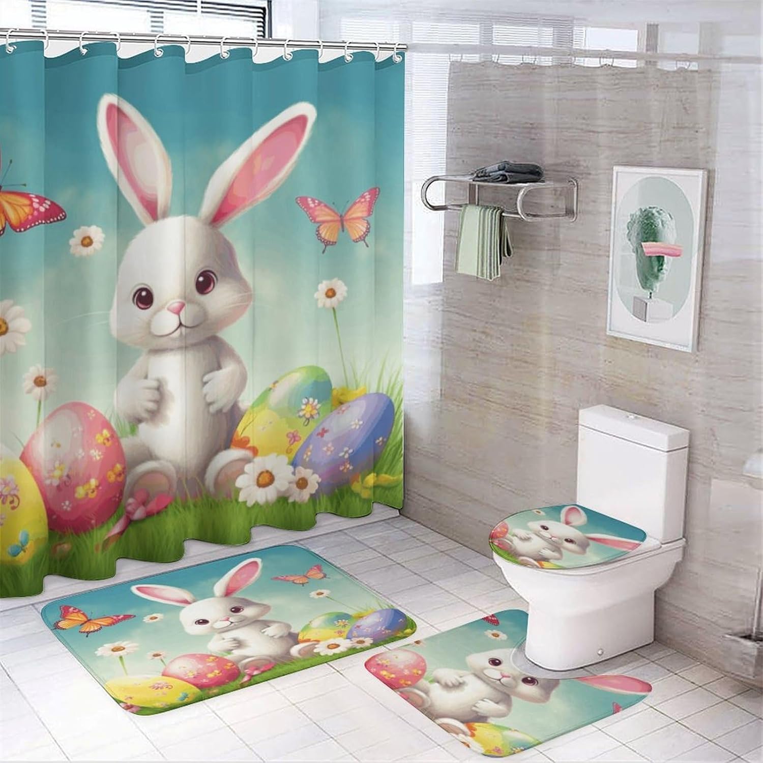 Easter Bunny with Eggs and Spring Butterfly 4Pcs Shower Curtain Set with Non-Slip Rugs, Toilet Lid Cover and Bath Mat,Bathroom Set Decor Accessories,Curtain Set with 12 Hooks, 72 X 72 Inch