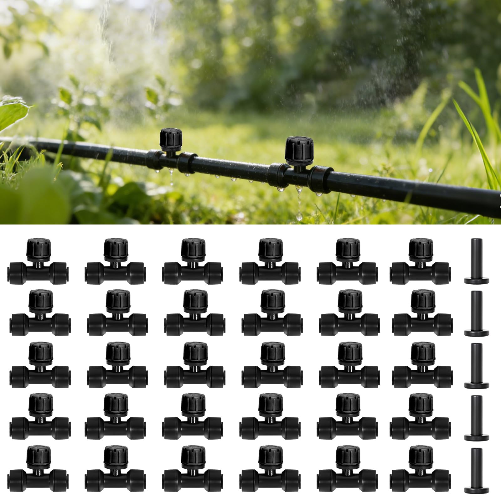 HOINCO 30 Pcs Three-Way Drip Irrigation Spray Emitters for 1/4 inch Tubing.