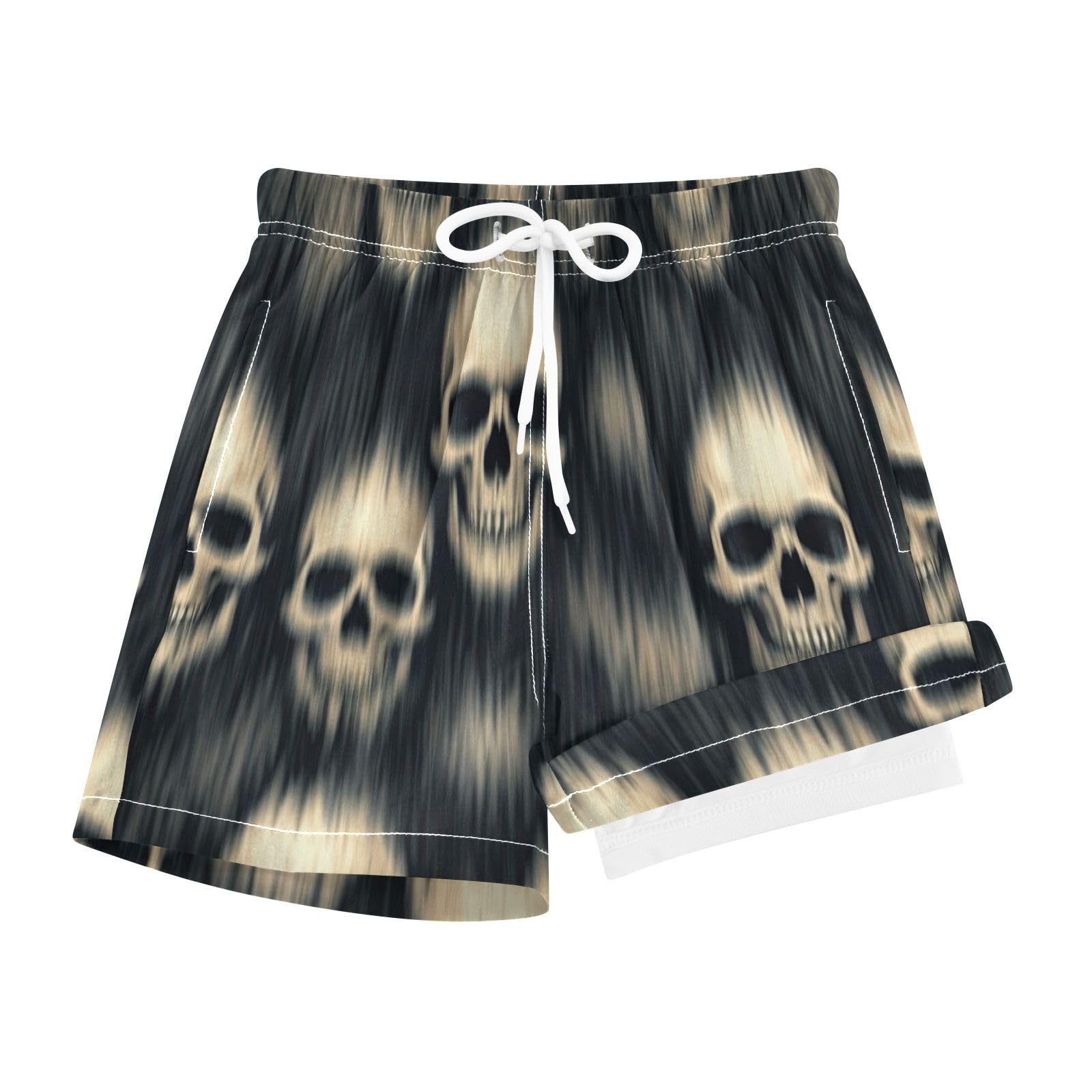 YANENDIE Boy Swim Trunks with Compression Liner Blur Smear Skulls Boys Swim Shorts Quick Dry Beach Shorts