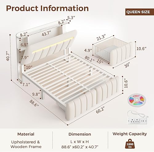 Miniatura 2 de Base de cama Queen con cabecera de almacenamiento, base de cama blanca tapizada tamaño Queen con cajones de almacenamiento y estación de carga, cama