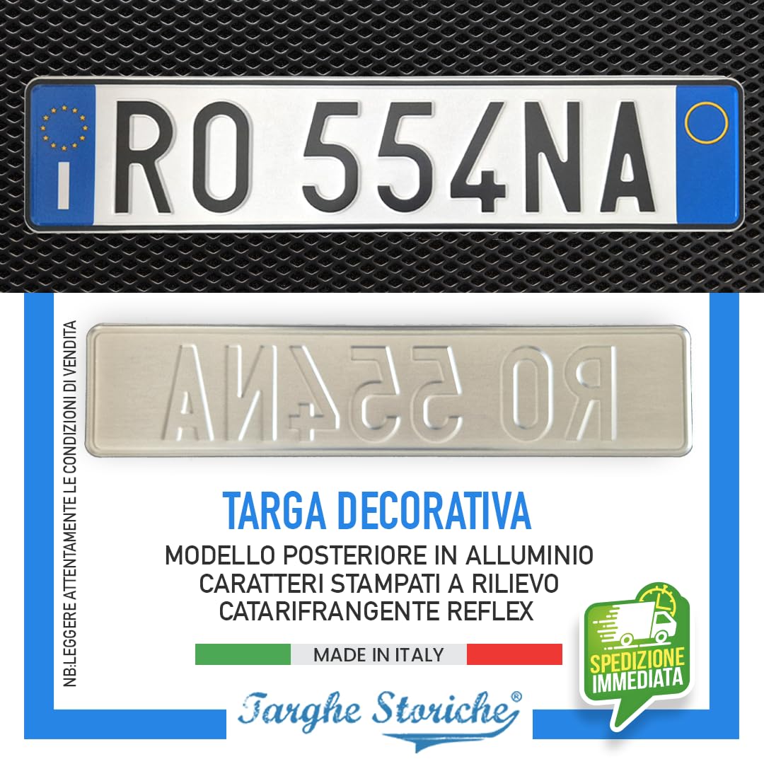 Targa Decorativa - Formato Modello Posteriore - in Alluminio Catarifrangente con Lettere e Numeri in Rilievo Punzonati, Personalizzabile, Made in Italy