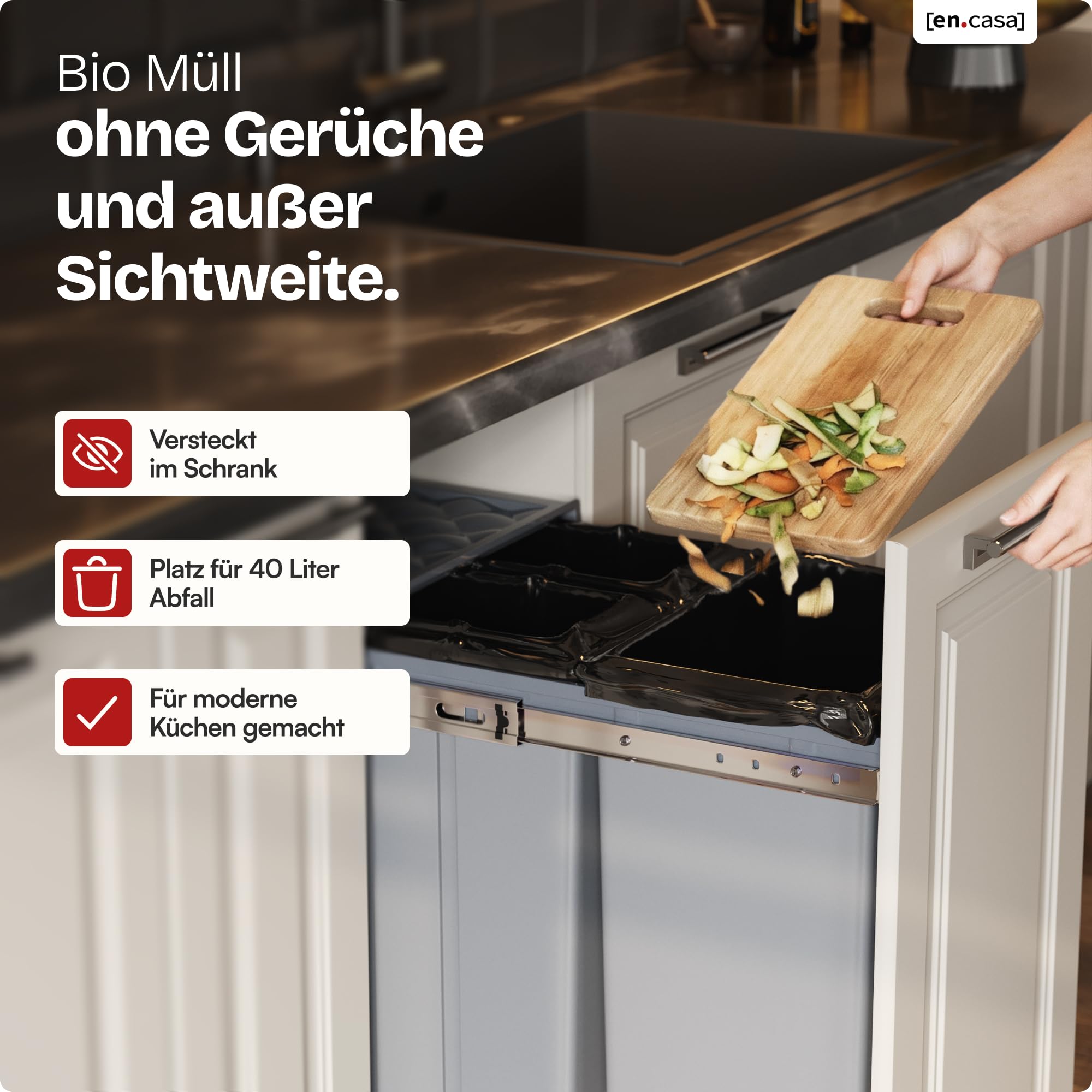 [en.casa] Einbaumülleimer Froland Mülleimer 3 Fächer Mülltrennsystem ausziehbar Abfalleimer Küche 2x10L+1x20L herausnehmbare Behälter 48 x 34 x 42 cm Küchenmülleimer Grau