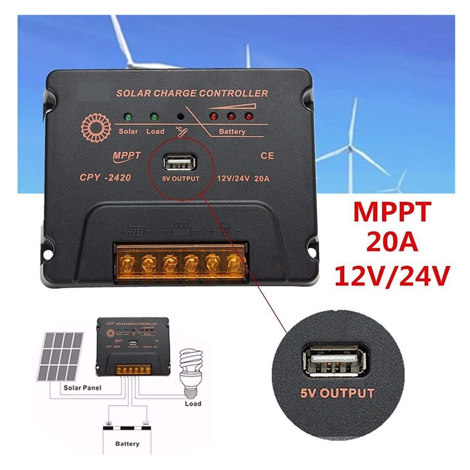 MPPT 10A 20A Regolatore di Carica Solare 12V 24V Auto Con USB 5V Uscita Max PV Tensione di Ingresso 50V Regolatore del Pannello Della Batteria Caricatore - Regolatore solare(20A)