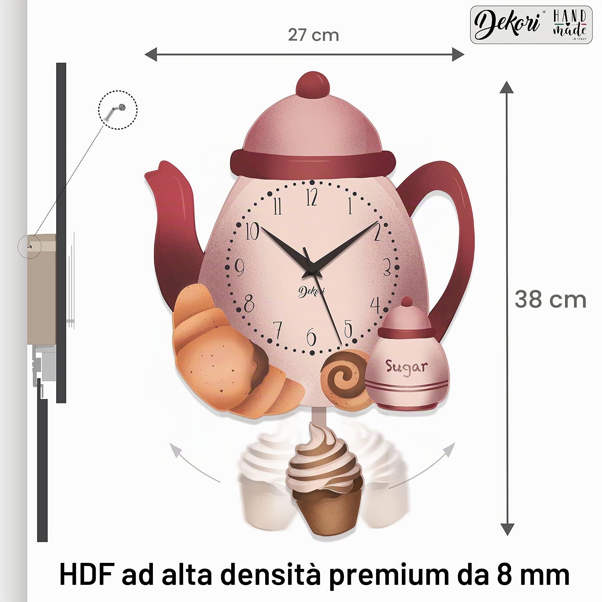 DEKORI Orologio da Parete con Pendolo – Design Caffettiera e Dolcetti, Silenzioso, Artigianale, in Legno, per Cucina o Casa, 28x41 cm