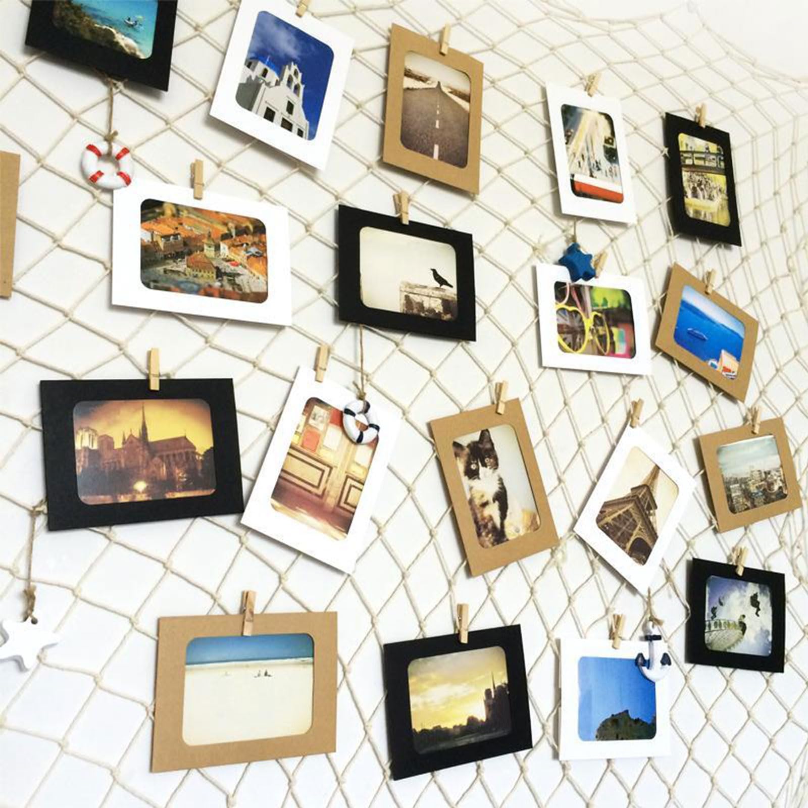 Cadres Photo en Papier Kraft 15,5 x 11,5 cm avec Pinces en Bois et Corde de Chanvre Décoration Murale
