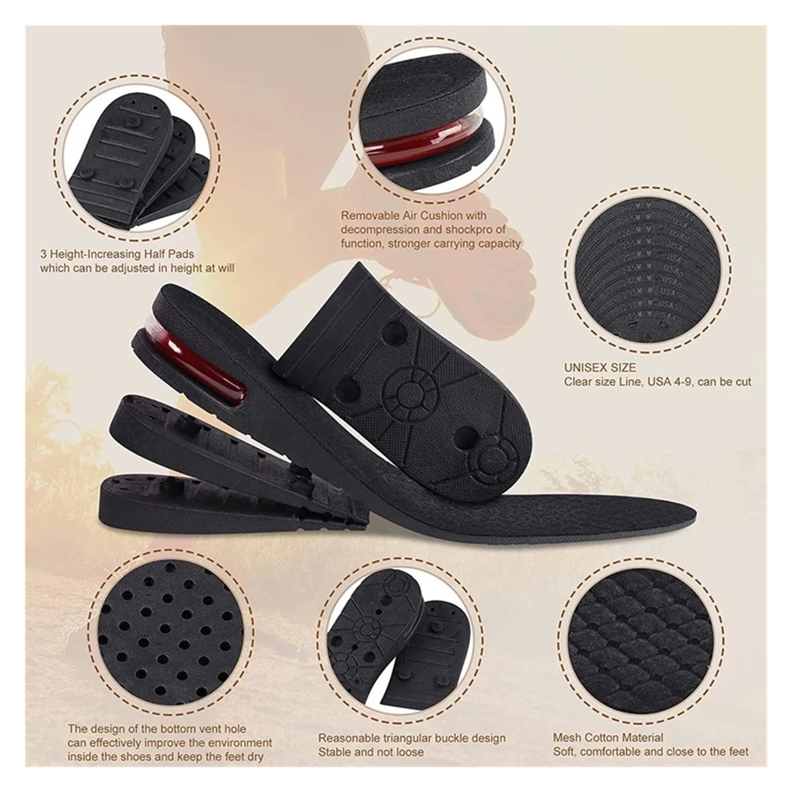 Plantillas for aumentar la altura, cojín de aire for zapatos, inserto de elevación for hombres y mujeres, plantilla Invisible Variable de 3-9cm, almohadilla de soporte for taller de corte ajustable(9C