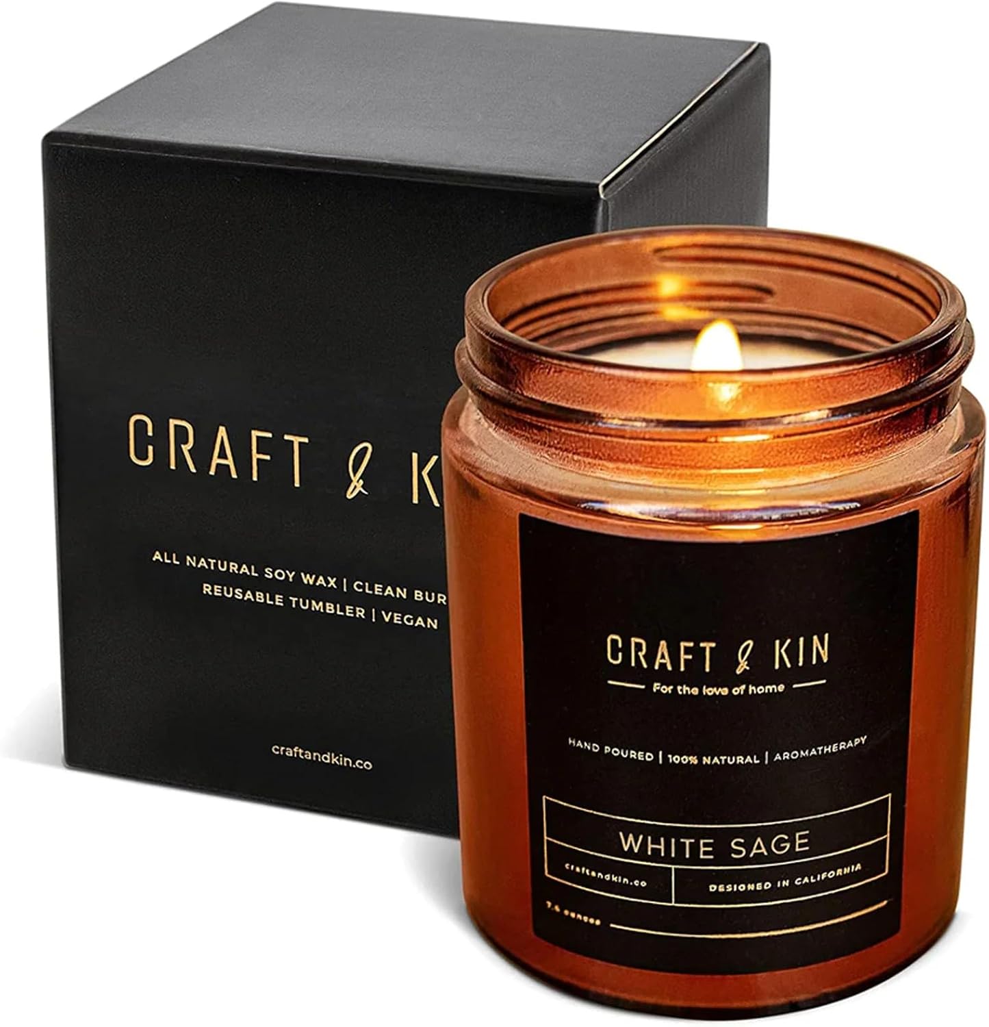 Craft & Kin White Sage Scented Candles for Cleansing | 8 Oz 45 Hour Long Lasting Holiday Candle | Classic Soy Woodwick Winter Candles | Made with Natural Soy | Gifts for Men and Women