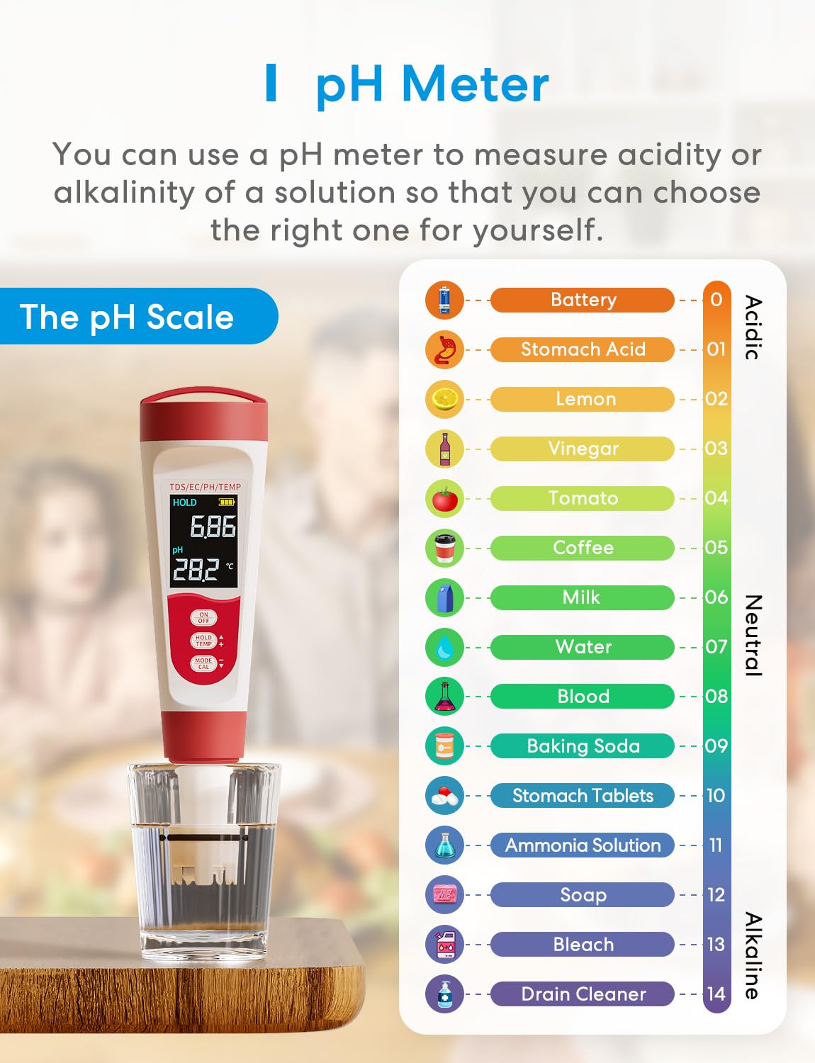 Flysocks pH Messgerät 4 in 1, Digital Wasserqualität Tester, IP67 Trinkwassertest für pH/TDS/EC/Temperatur mit LCD Hintergrundbeleuchtung Wasserqualitätsprüfgerät Leitfähigkeitsmessgerät Wasser Tester