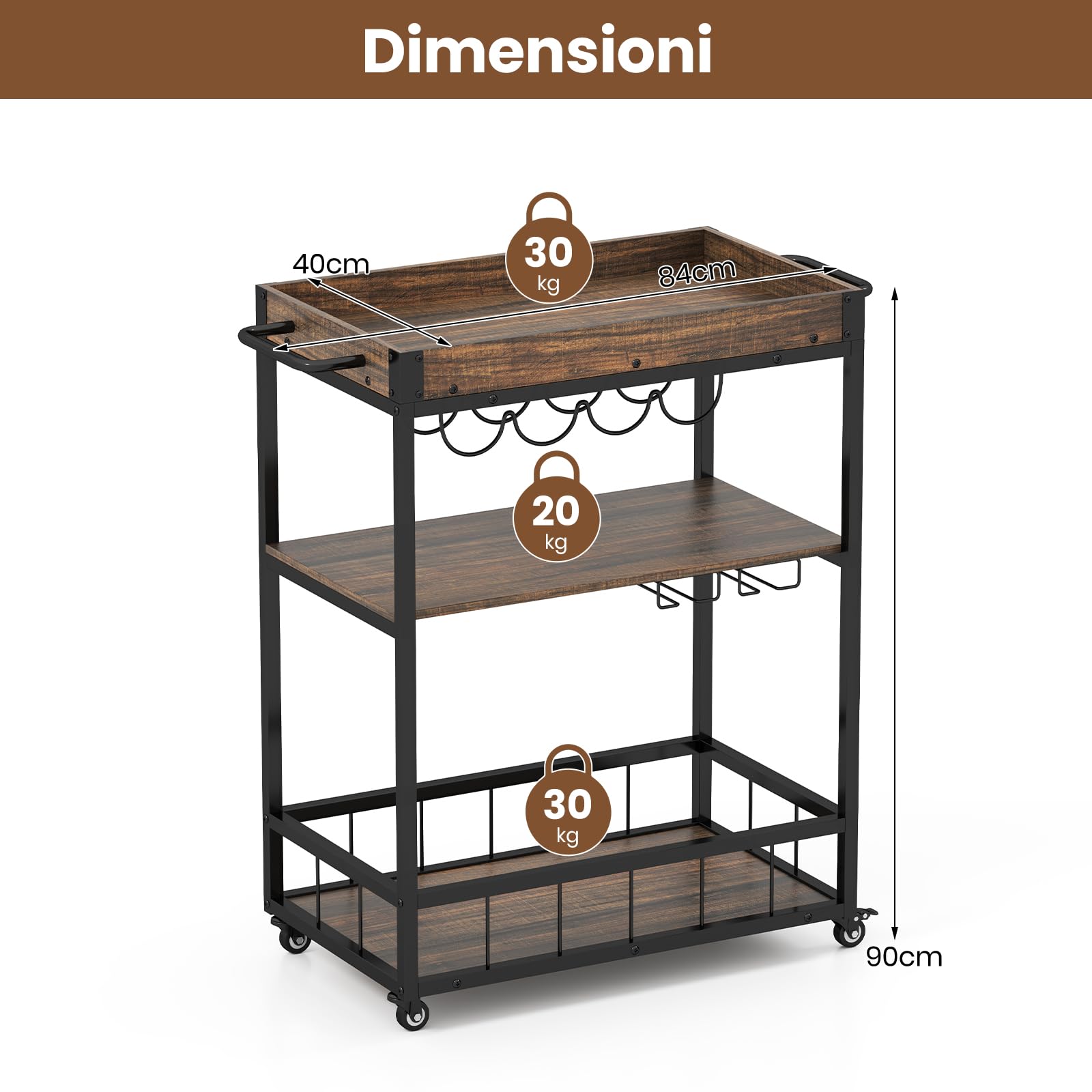 RELAX4LIFE Carrello Bar a 3 Livelli con Vassoio Rimovibile, Portabottiglie e Porta Bicchieri, Carrello su Ruote con Manico per Sala da Pranzo e Soggiorno