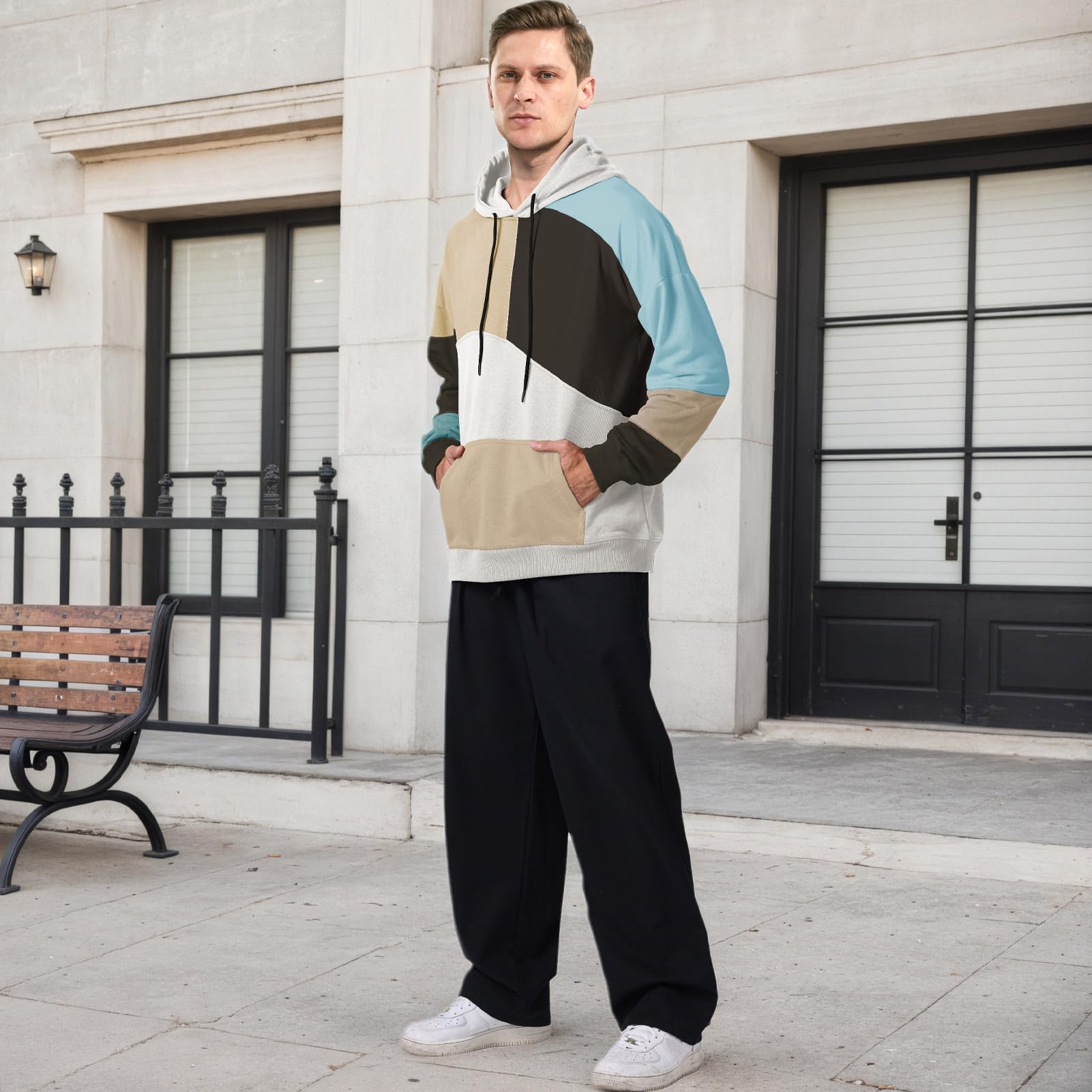 Felpa da Uomo con Cappuccio Techwear Hip Hop Unisex Streetwear Patchwork Jumper Sportiva Maglia