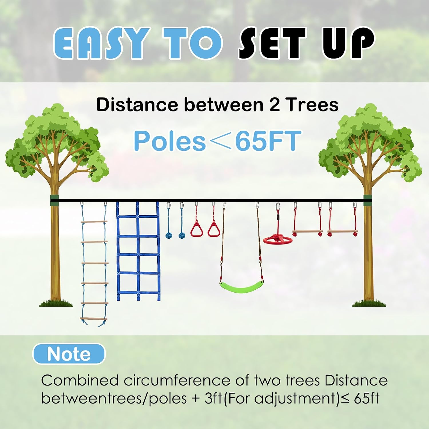 60ft Ninja Warrior Obstacle Course for Kids, 10 Obstacles Kids Outdoor Warrior Obstacle Play Equipment with kit, Monkey Bars, Climbing Net, Swing, Trapeze, Rope Ladder