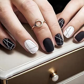 Press On Nails Short Square Fake Nails Black White Stripe Stick On Nails Simple Glue On Nails Artificial Nails Full Cover Acrylic Nail Kit For Women Girl 24pcs