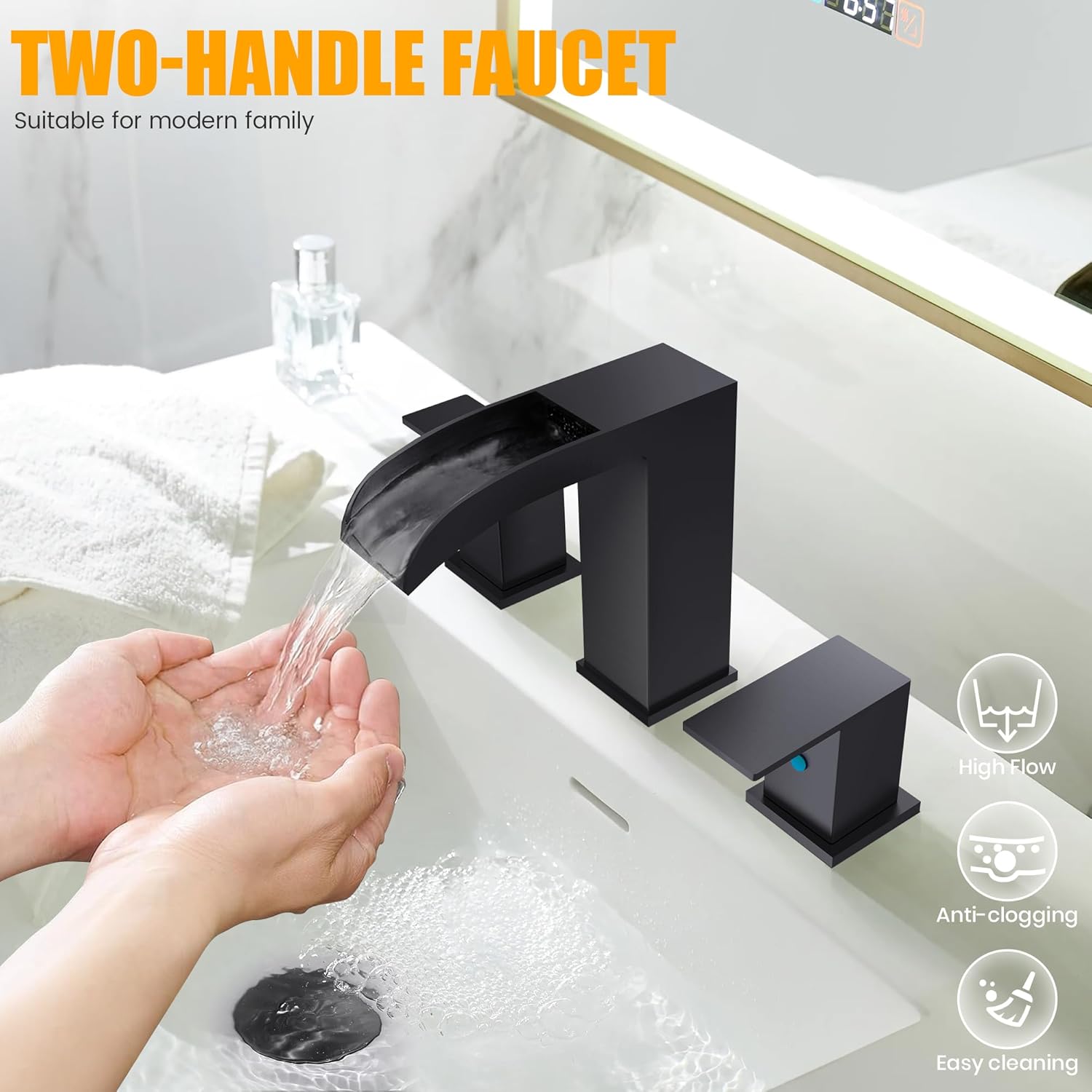 Black Bathroom Sink Faucet 3 Hole - Waterfall Bathroom Faucet 8 Inch Widespread Matte Black Faucet Bathroom 2-Handles Modern Vanity Faucets with Overflow Pop Up Drain & Supply Lines