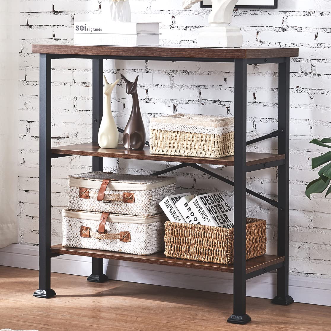 Hombazaar Bookshelf, 3Tier Vintage Industrial Book Shelf, Rustic Wood