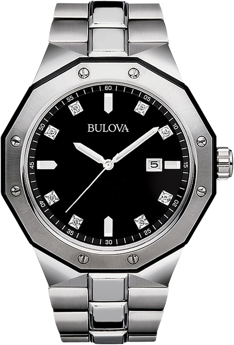 Bulova Reloj clásico de cuarzo para hombre, de acero inoxidable, con 3 manecillas y fecha, diamantes y fecha, 44 mm